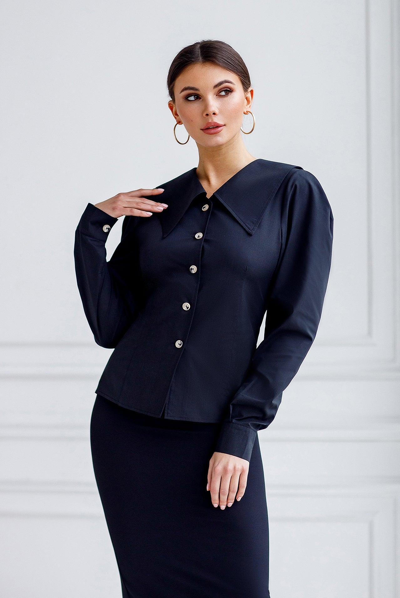 ELAGIA Black Puff Sleeve Collared Blouse front view - women's black suit set styled professional fashion top