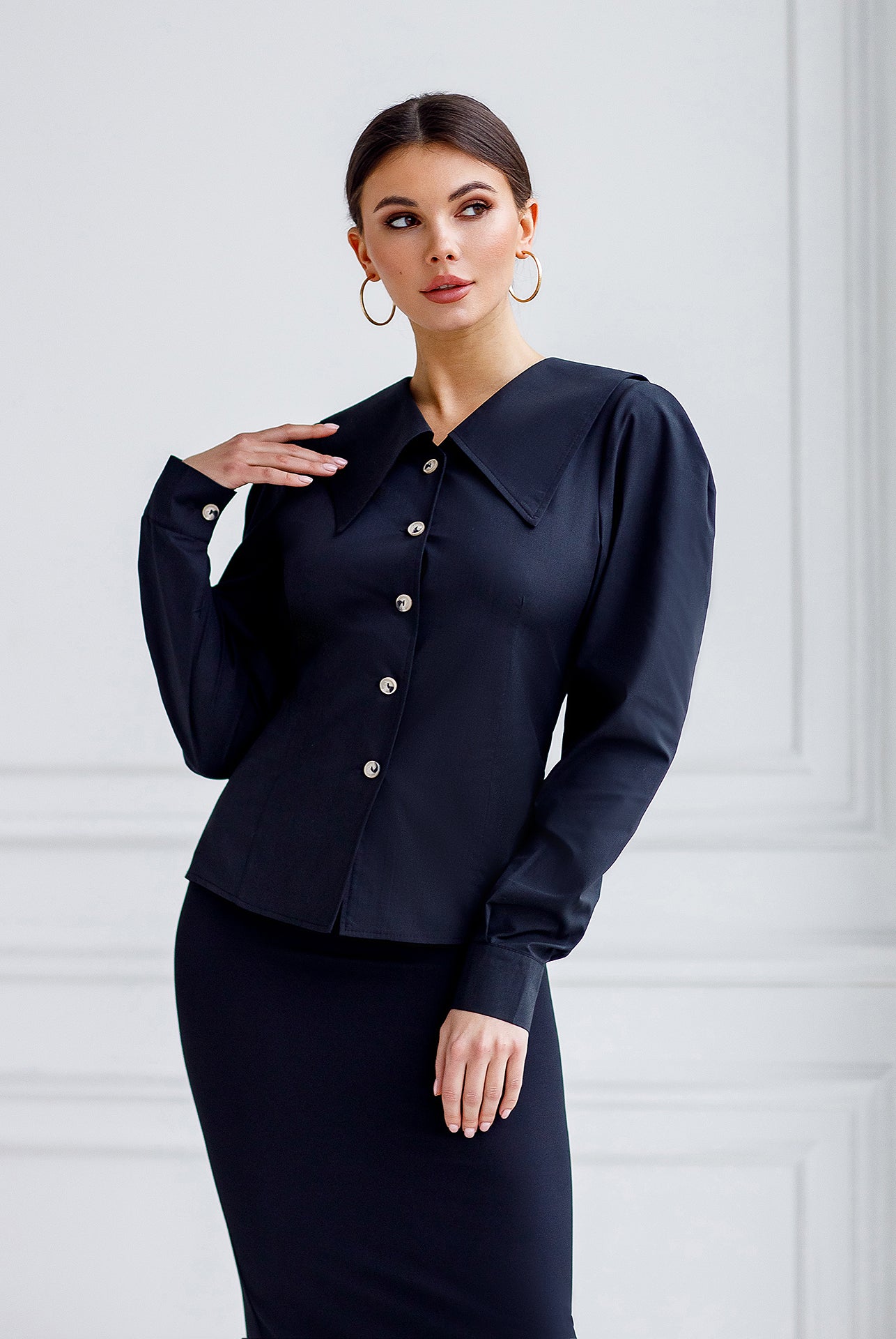 ELAGIA black puff sleeve collared blouse - full outfit styling showing womens black suit coordination