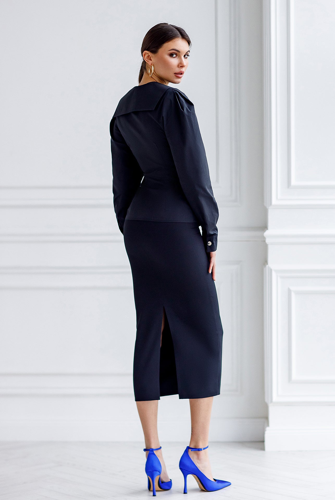 ELAGIA Black Puff Sleeve Collared Blouse side angle showing womens black suit coordinated styling and fit