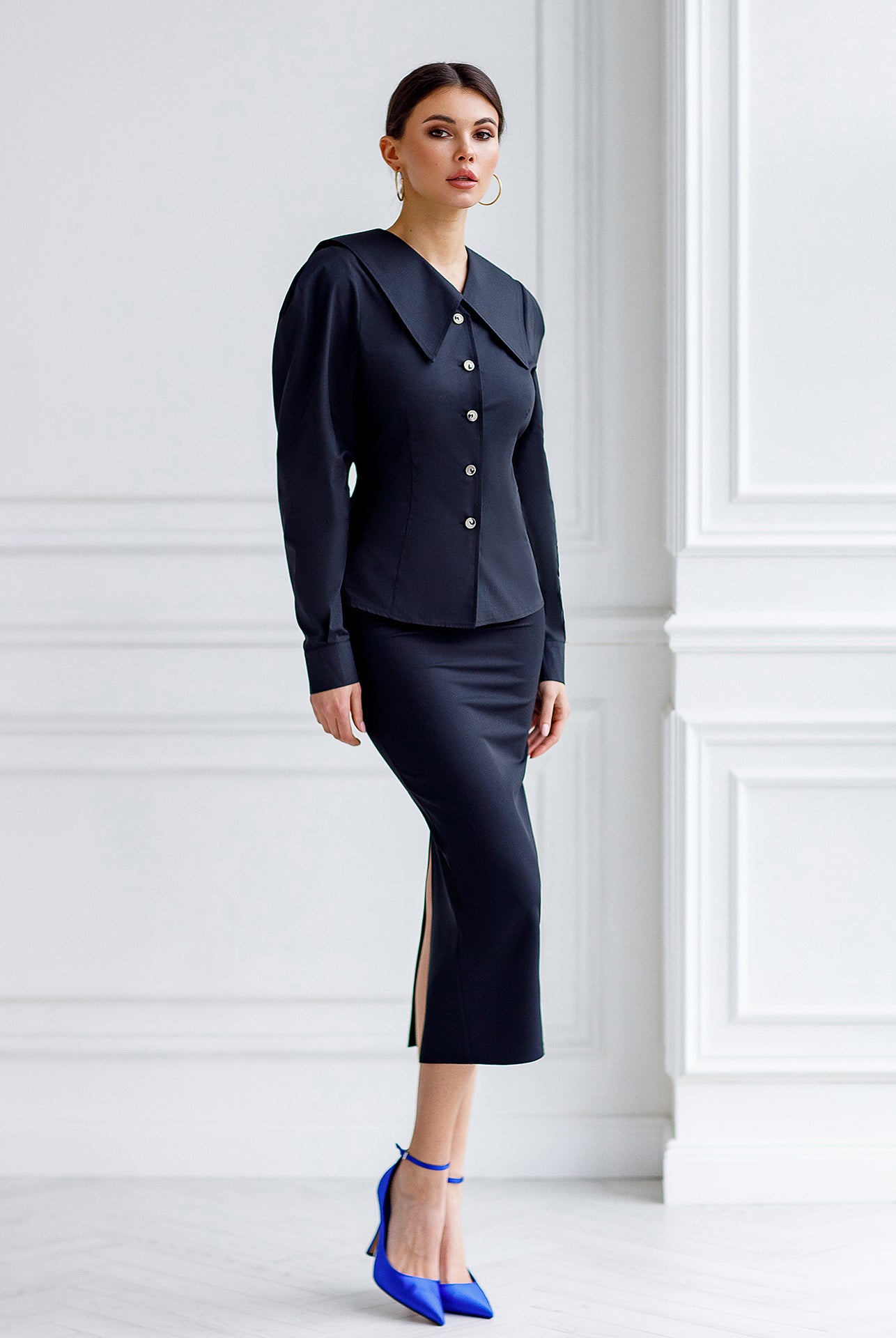 ELAGIA Black Puff Sleeve Collared Blouse styled look featuring women's black suit set professional ensemble
