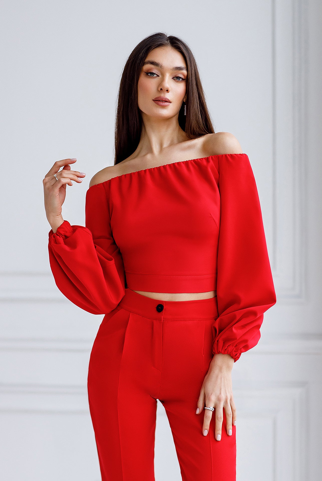 ELAGIA red high waisted regular fit pants side angle - 3 piece women's suit silhouette and cut