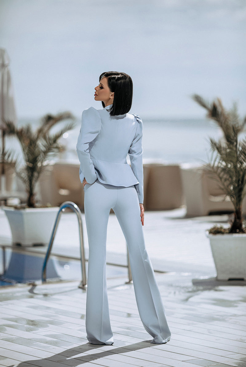 ELAGIA sky-blue double breasted suit 2-piece detail shot - purple business suit women style tailored jacket close-up