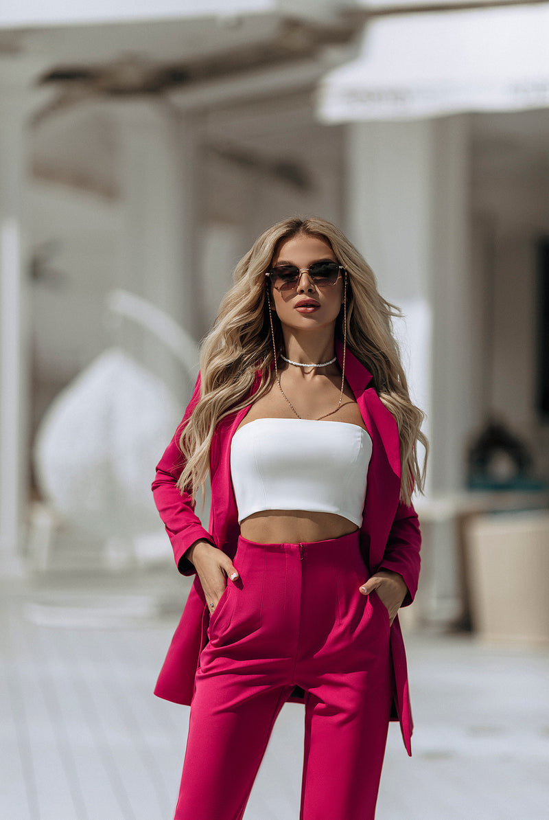 ELAGIA crimson red double breasted blazer and trousers women's business suit - front view, 3 piece women's suit