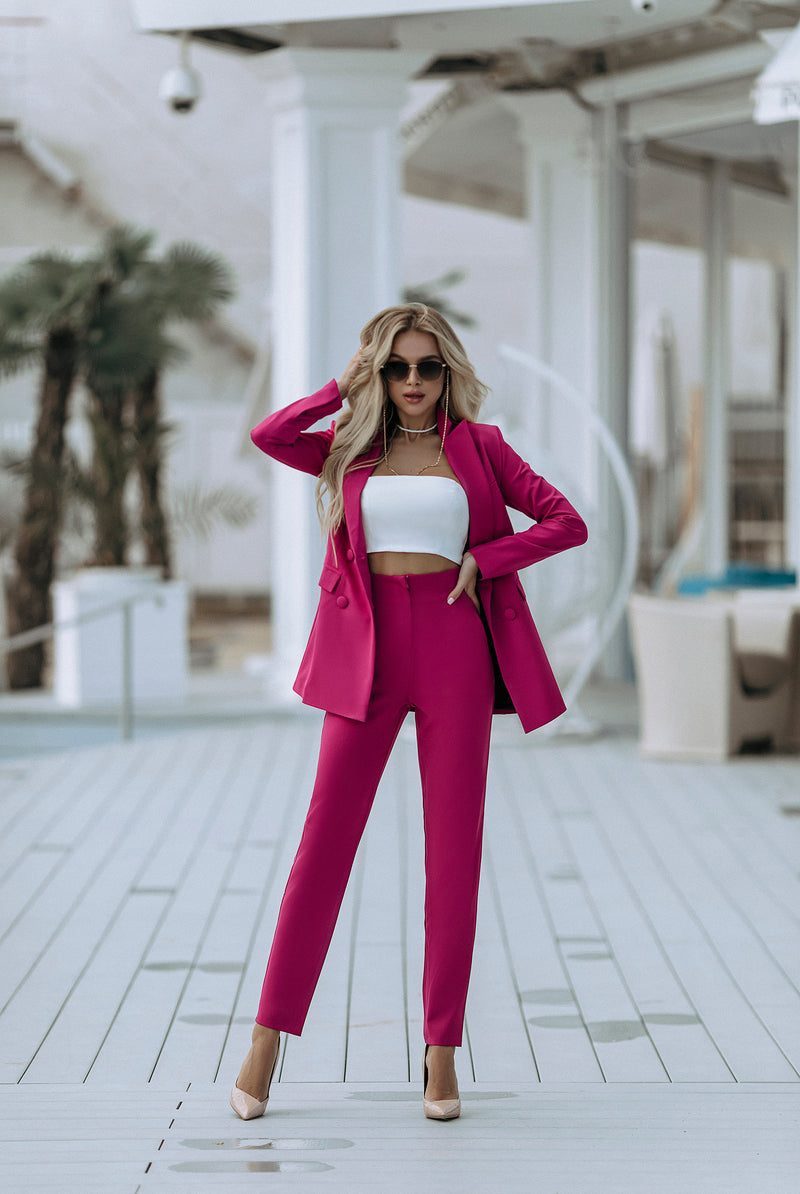 ELAGIA crimson double breasted suit 2-piece worn with accessories showing purple business suit women styling