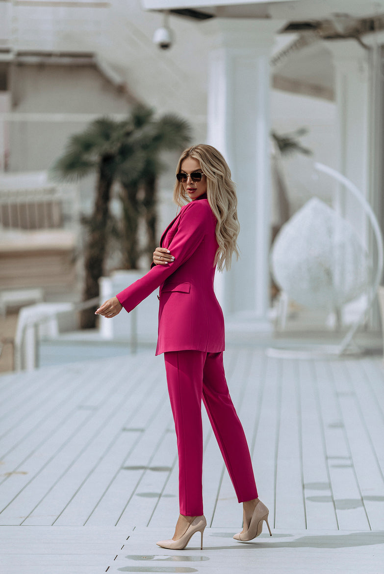 ELAGIA crimson double breasted suit 2-piece lifestyle shot demonstrating versatile 3 piece women's suit appeal