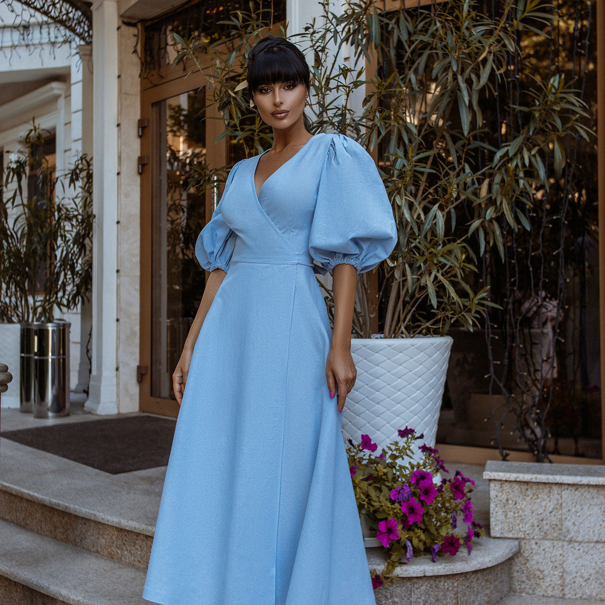 sky blue midi dress Sky-Blue Puff-Sleeve Wrap Midi Dress