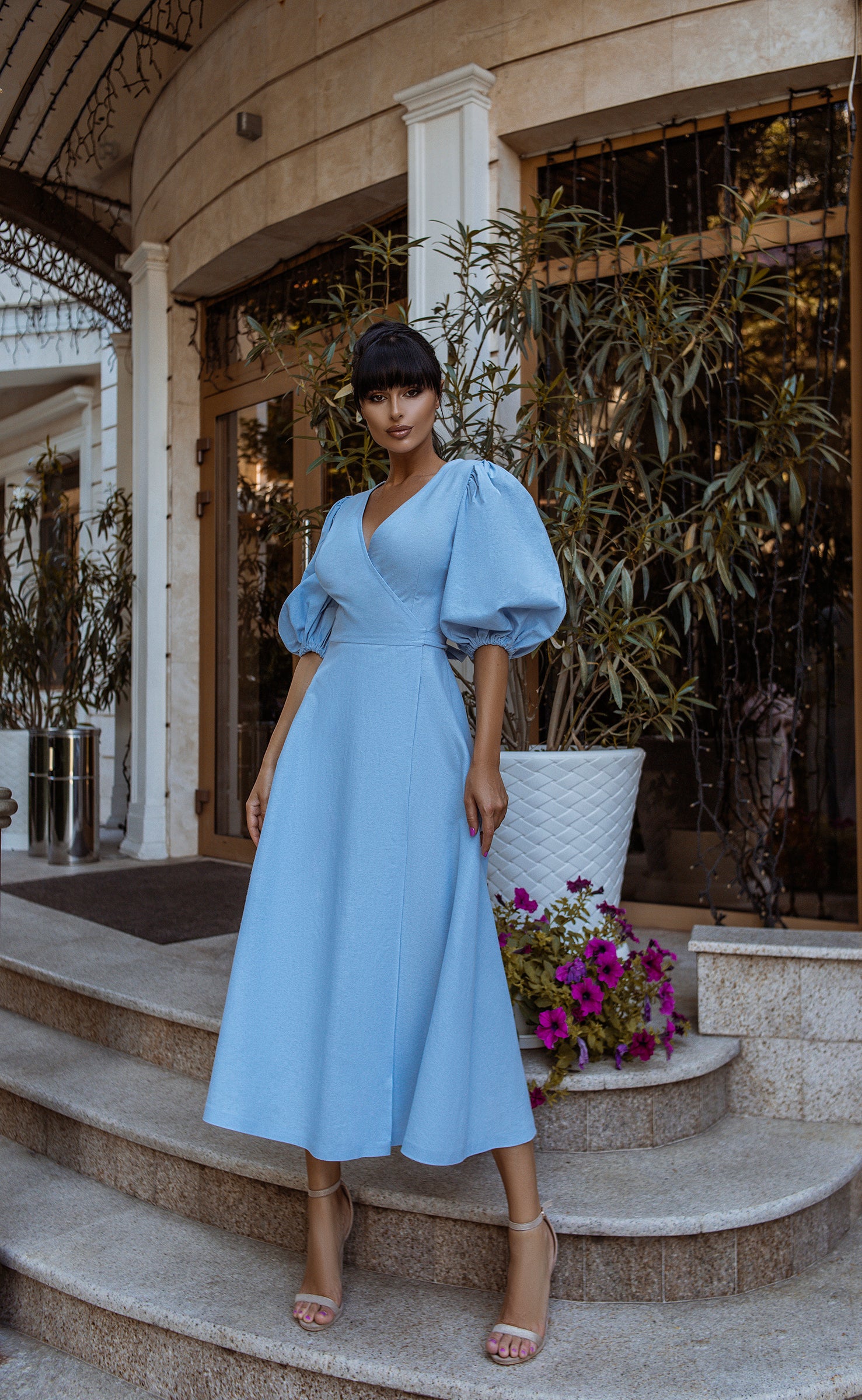Sky-Blue Puff-Sleeve Wrap Midi Dress