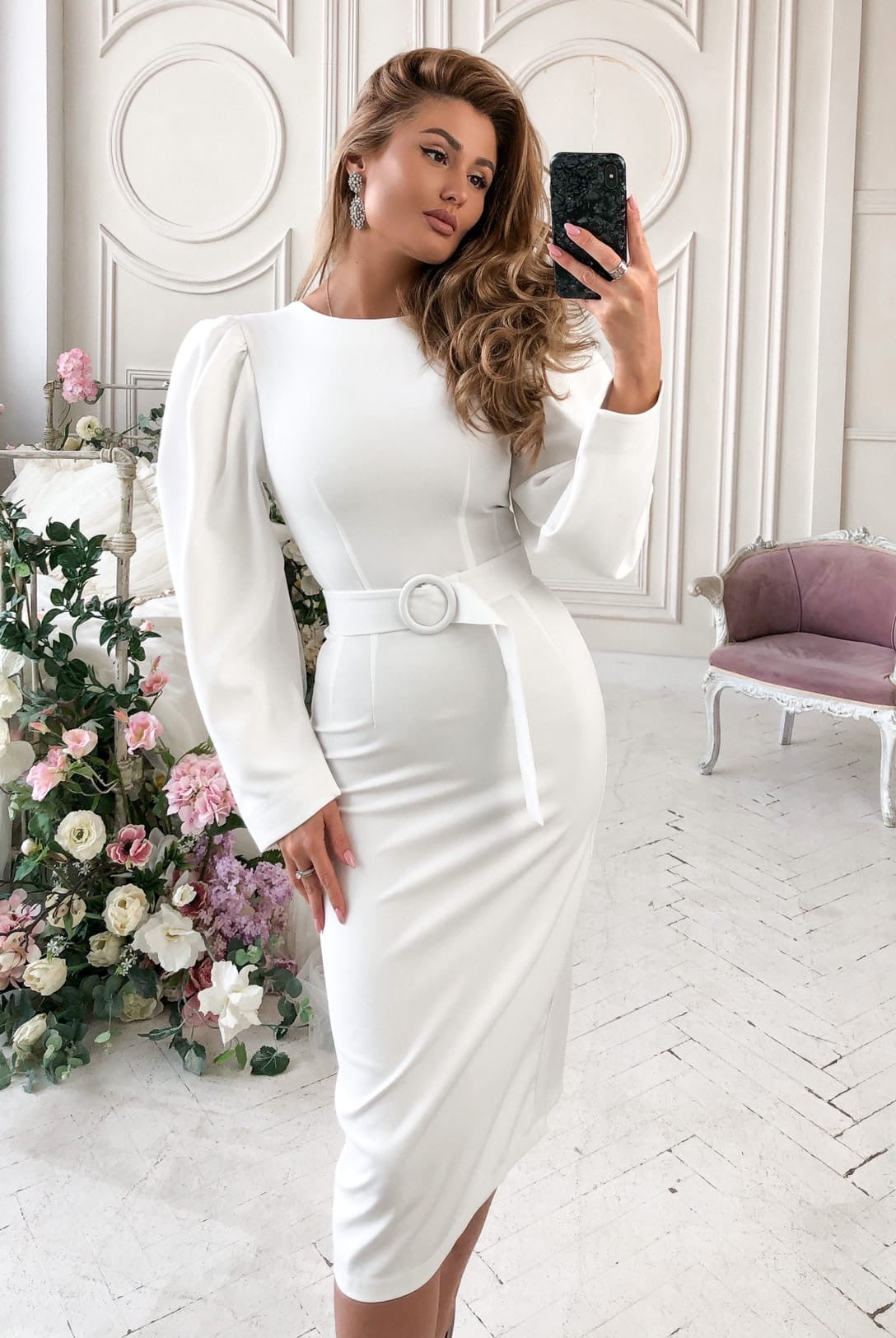 ELAGIA white puff-sleeve belted midi dress detail view - 3 piece women's suit purple business suit women focus