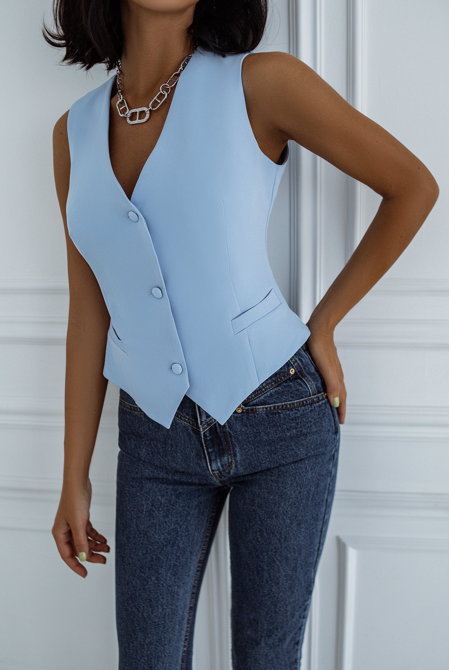 ELAGIA Sky-Blue Formal Vest front view - light blue suit women's professional blazer in royal blue shade