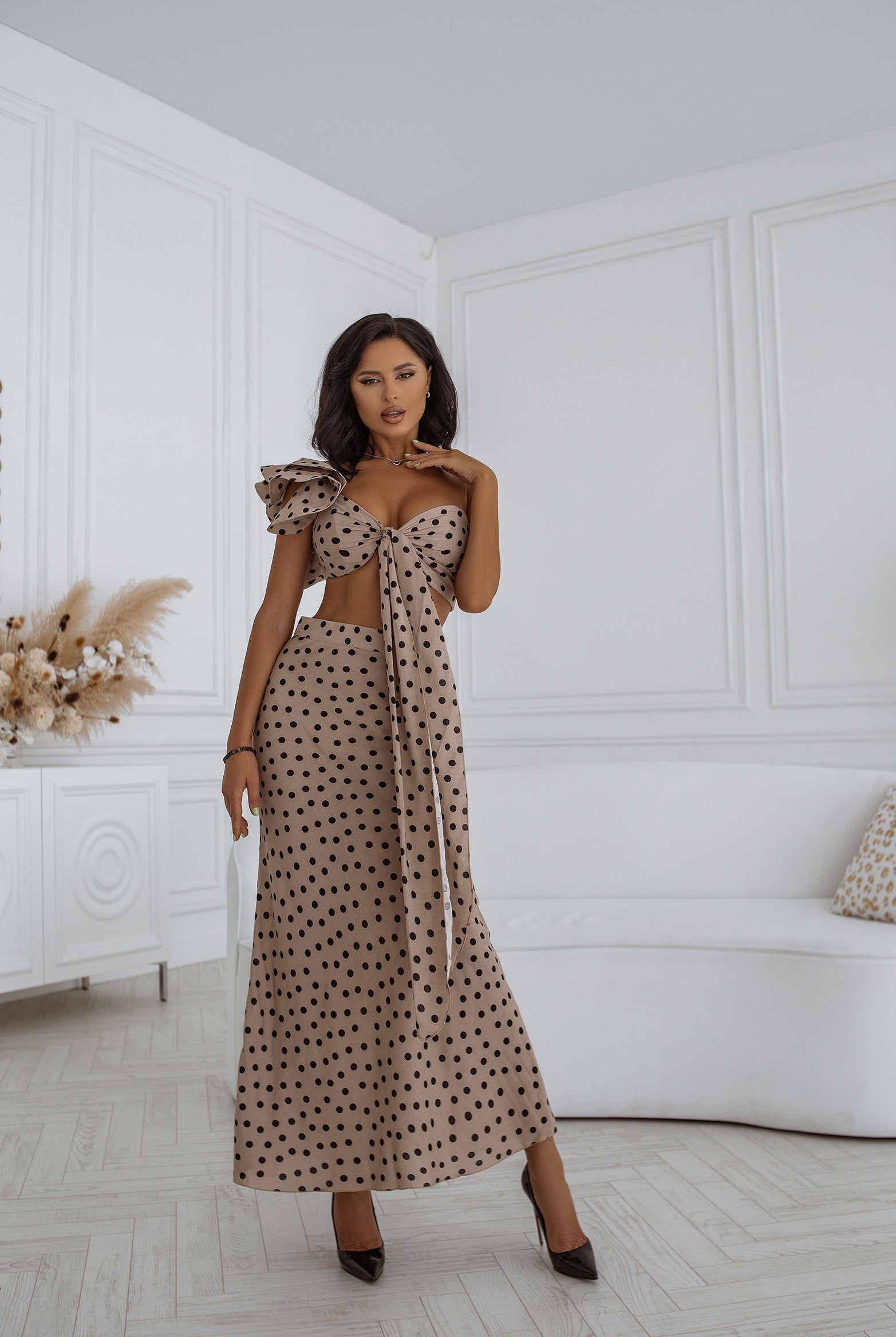 ELAGIA dusty pink polka-dot bow top & midi skirt 2-piece front view - feminine hot pink suit womens style