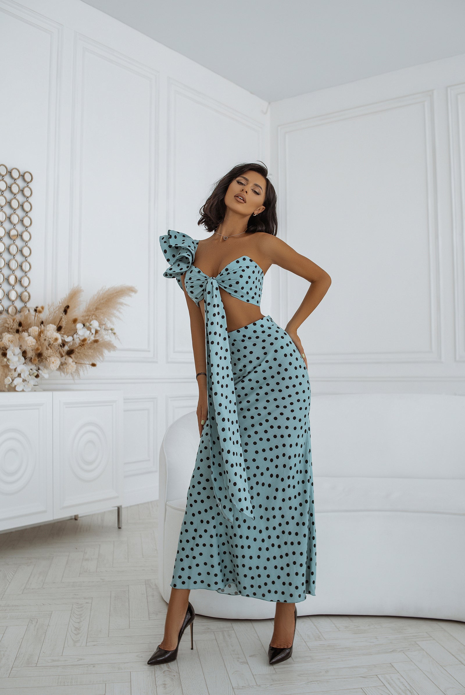 ELAGIA mint polka-dot bow top & midi skirt 2-piece set front view - 3 piece women's suit alternative outfit