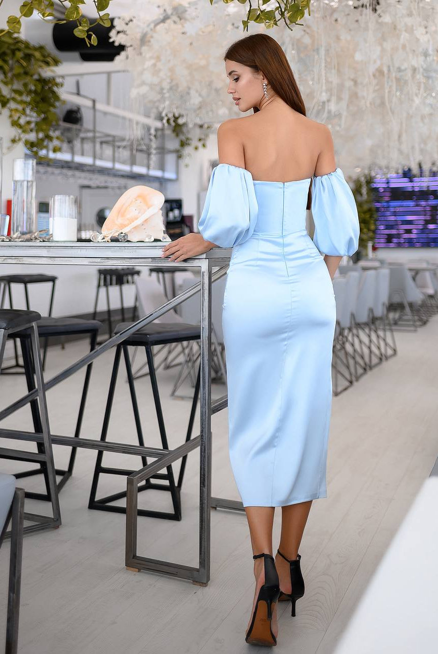 ELAGIA sky-blue satin midi dress styled shot, modern take on purple business suit women classic silhouette