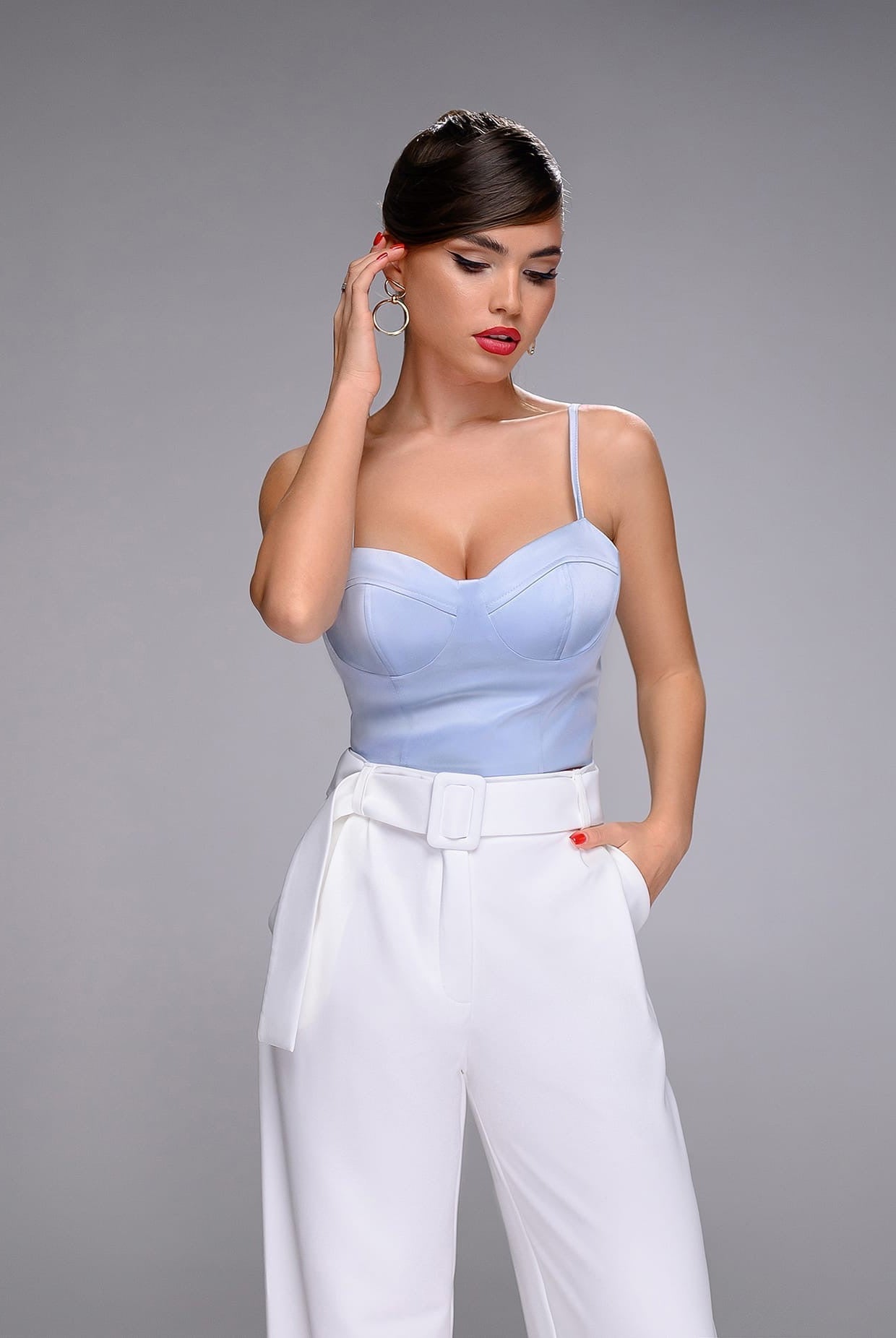 ELAGIA grey-blue satin sweetheart top back view showing strappy details - royal blue suit women piece