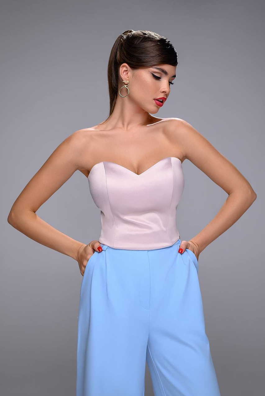 ELAGIA Beige Satin Sweetheart Crop Top - front view showing structured sweetheart neckline and cropped silhouette