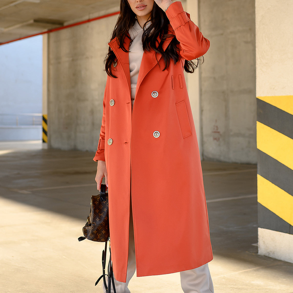 open lace back dress Orange Trench Coat - Double Breasted