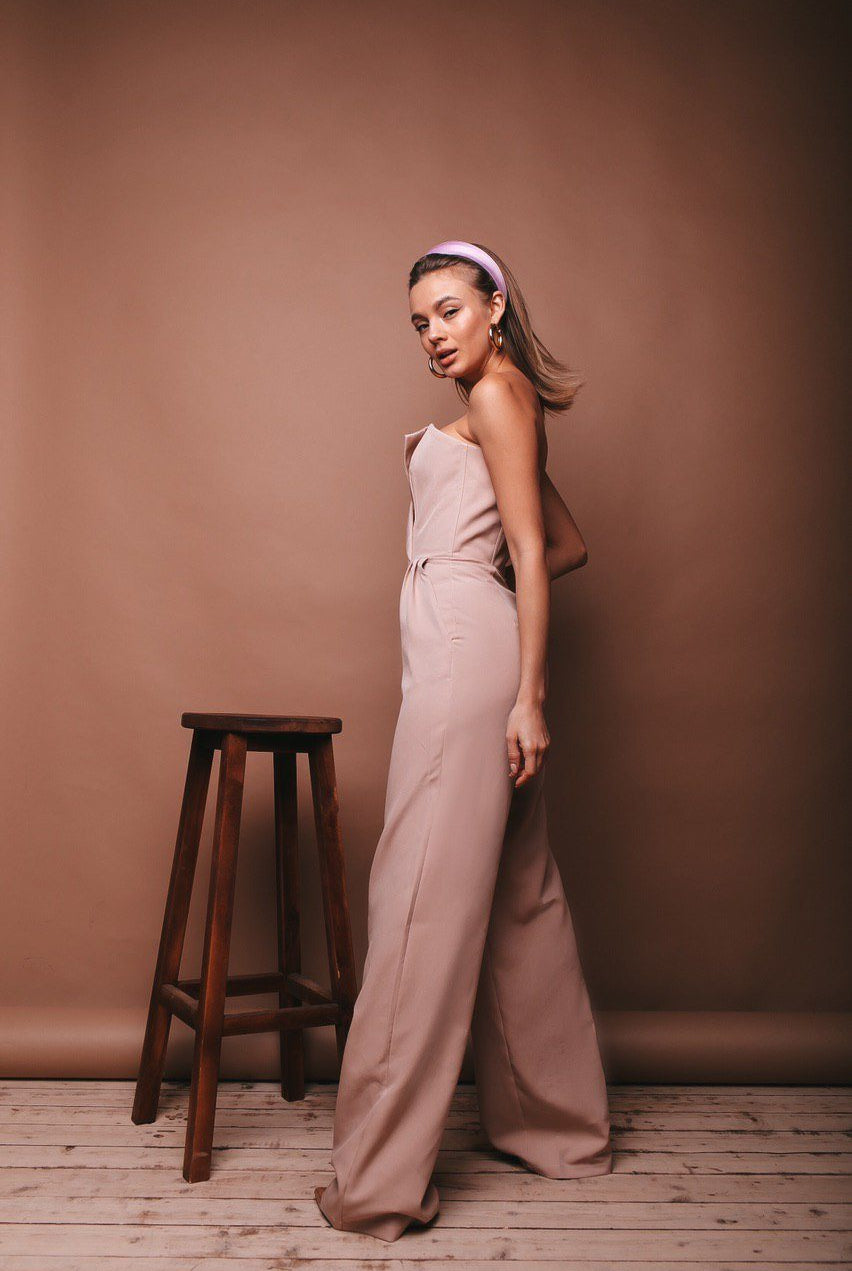 ELAGIA beige V-neck sleeveless jumpsuit front view - blue jumpsuit style women's one-piece outfit