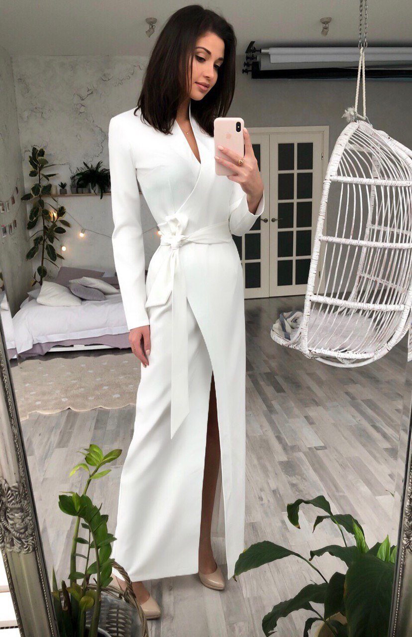 White long sleeve wrap maxi cheap dress