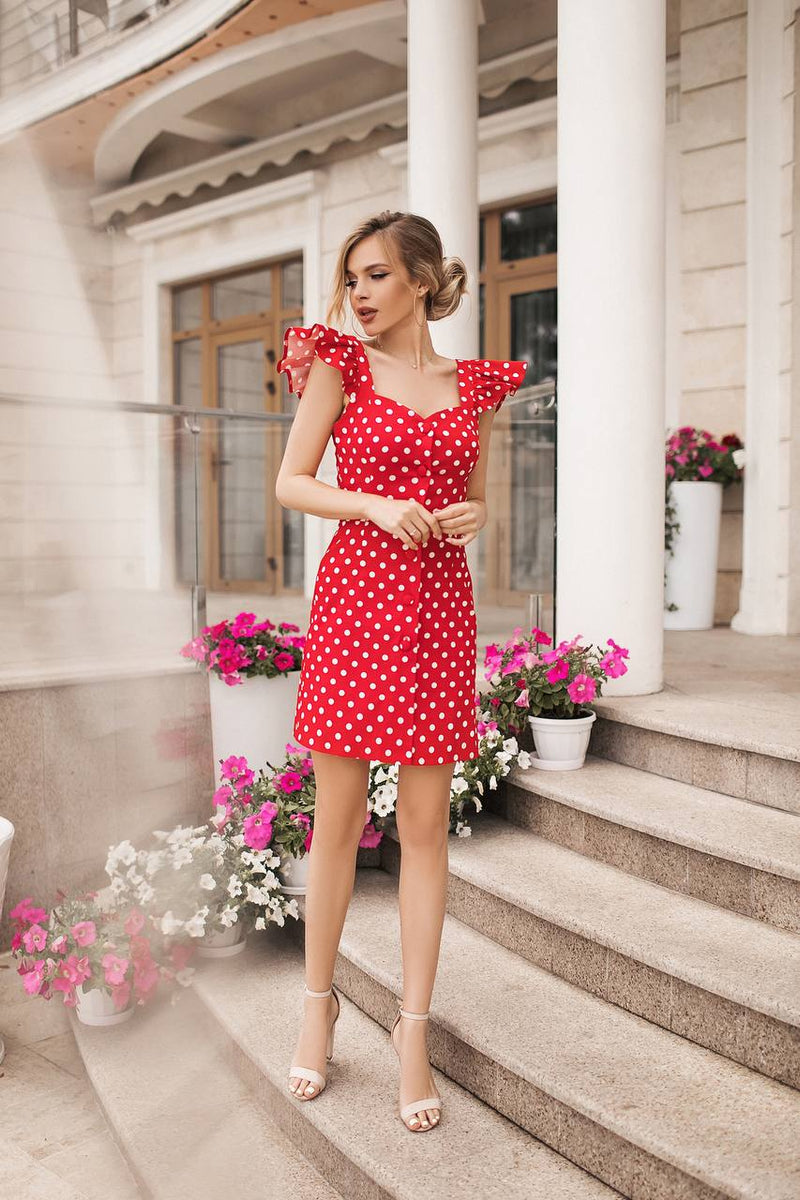 short sleeve red polka dot dress Rihoas V-Neck Puff Sleeve Polka Dot Tie Front High Waist Flounce Hem Mini Dress, Red / S
