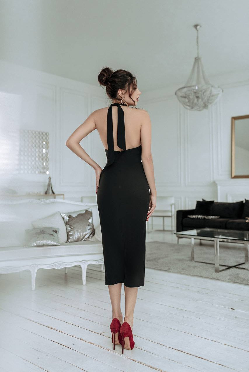 ELAGIA Black Backless Halter Midi Dress detail shot highlighting halter tie closure and neckline construction
