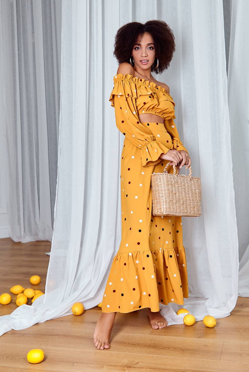 ELAGIA Mustard Polka Dot Top & Maxi Skirt 2-Piece Set - front view of 3 piece women's suit alternative