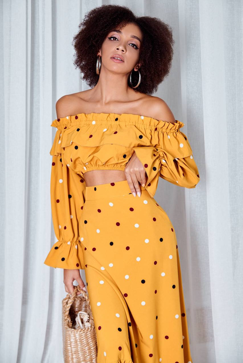 ELAGIA mustard yellow polka dot 2-piece set front view - cropped top and maxi skirt womens red suit set