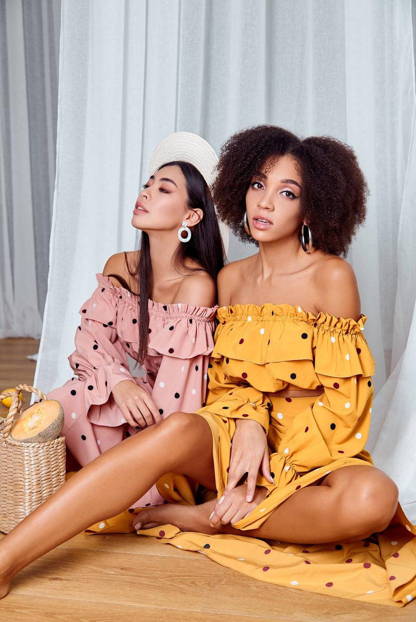 ELAGIA mustard polka dot coordinated set detail view of fabric texture and fit womens red suit set