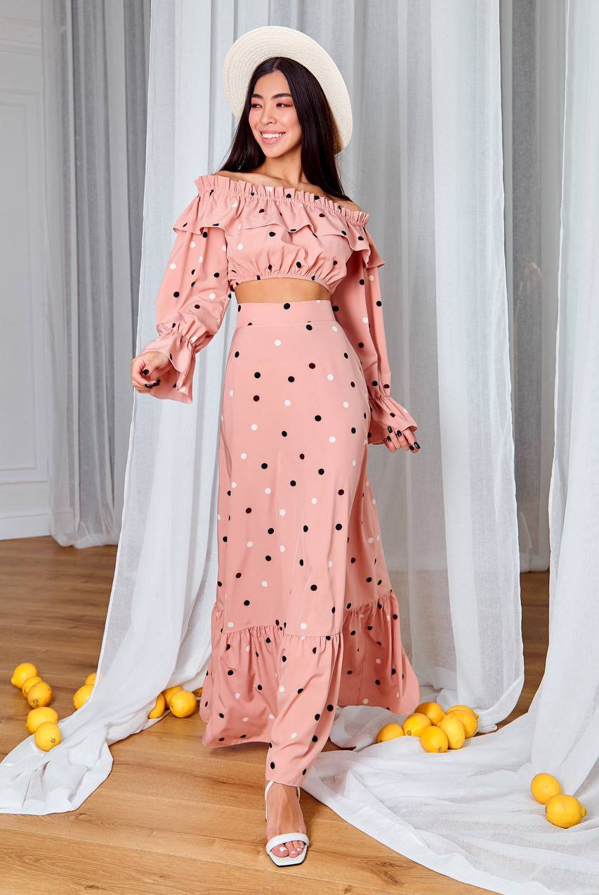 ELAGIA dusty pink polka dot 2-piece set front view - crop top and maxi skirt hot pink suit womens