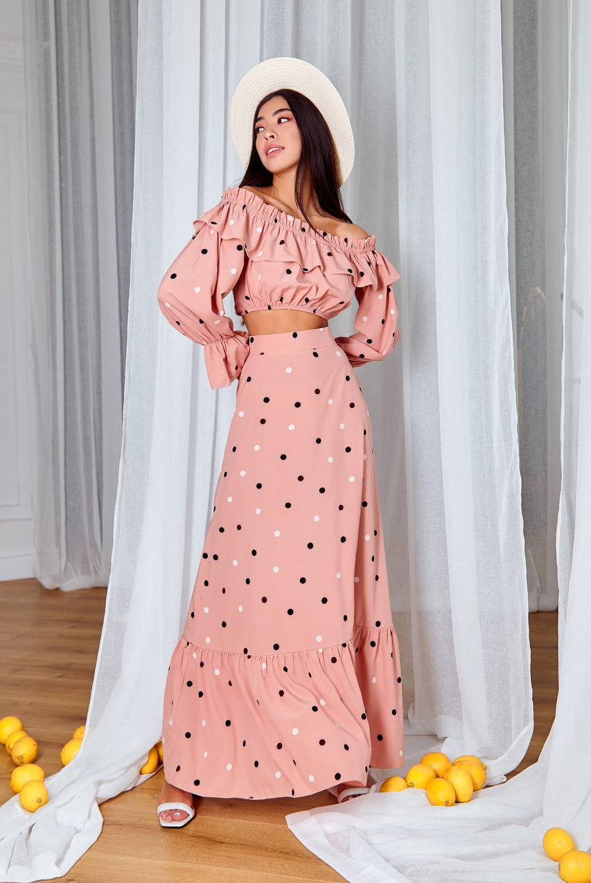 ELAGIA dusty pink polka dot suit set side angle showing silhouette and drape 3 piece women's suit