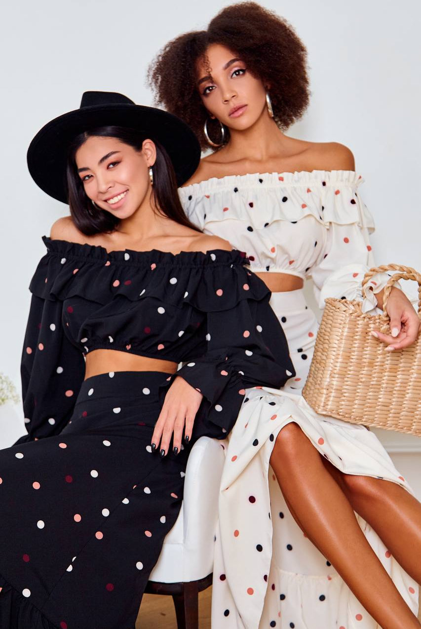 ELAGIA black polka dot coordinated set side angle view of top and long skirt womens red suit set