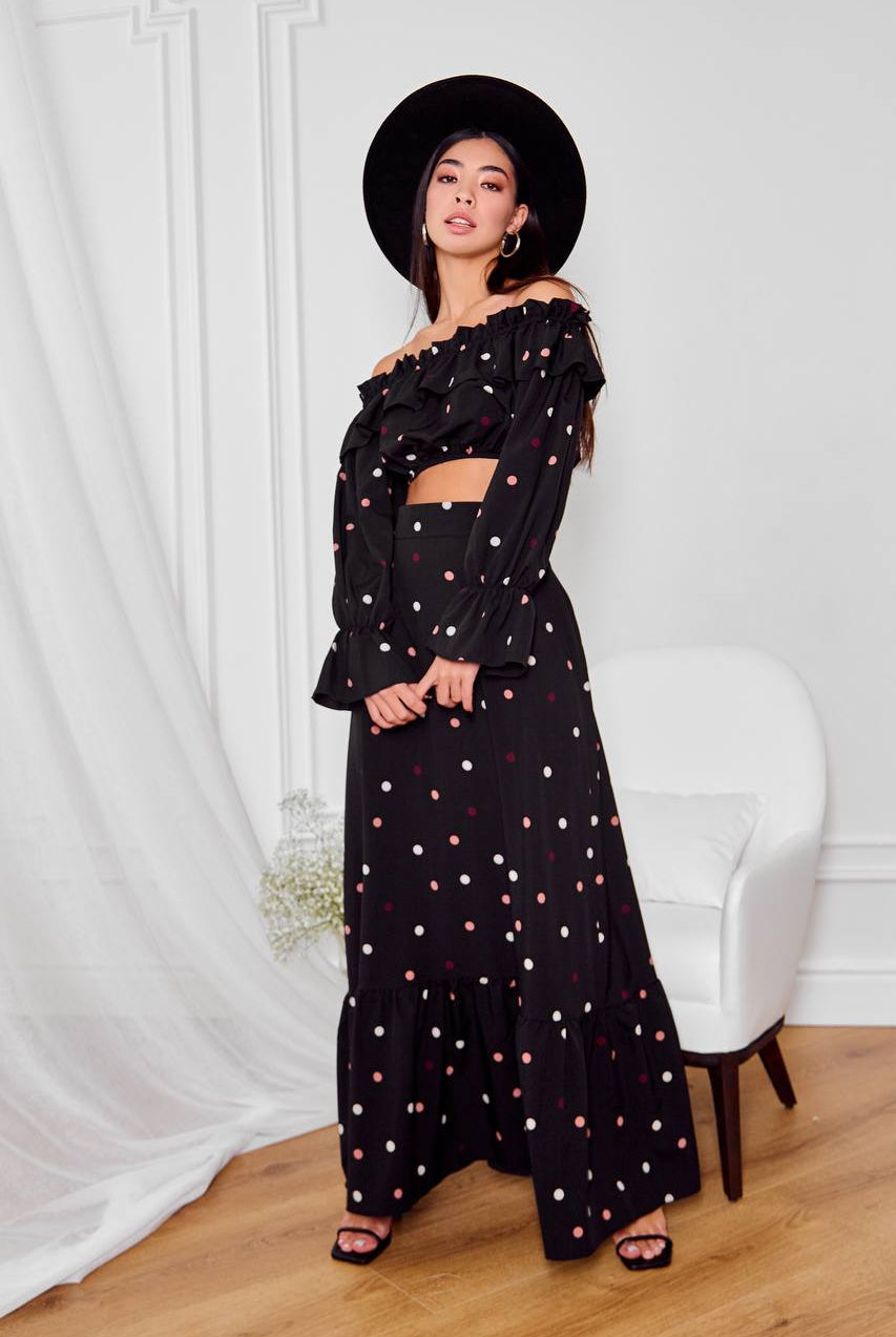 ELAGIA black polka dot sleeveless top and maxi skirt 2-piece set - front view womens red suit set