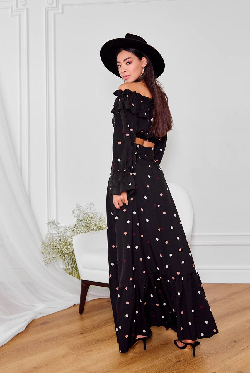 ELAGIA black polka dot 2-piece outfit back view showing flowing maxi skirt womens red suit set