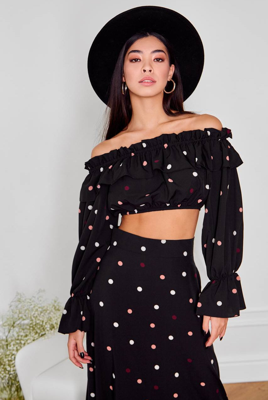 ELAGIA black polka dot 2-piece set styled detail shot showing fabric texture womens red suit set