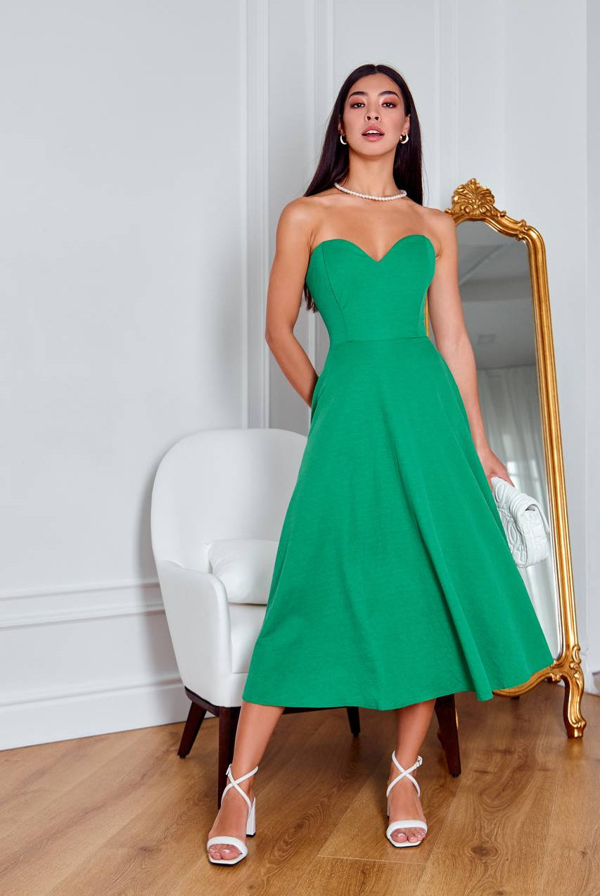 ELAGIA green sleeveless corseted midi dress front view - structured bodice with fitted silhouette, women's formal wear