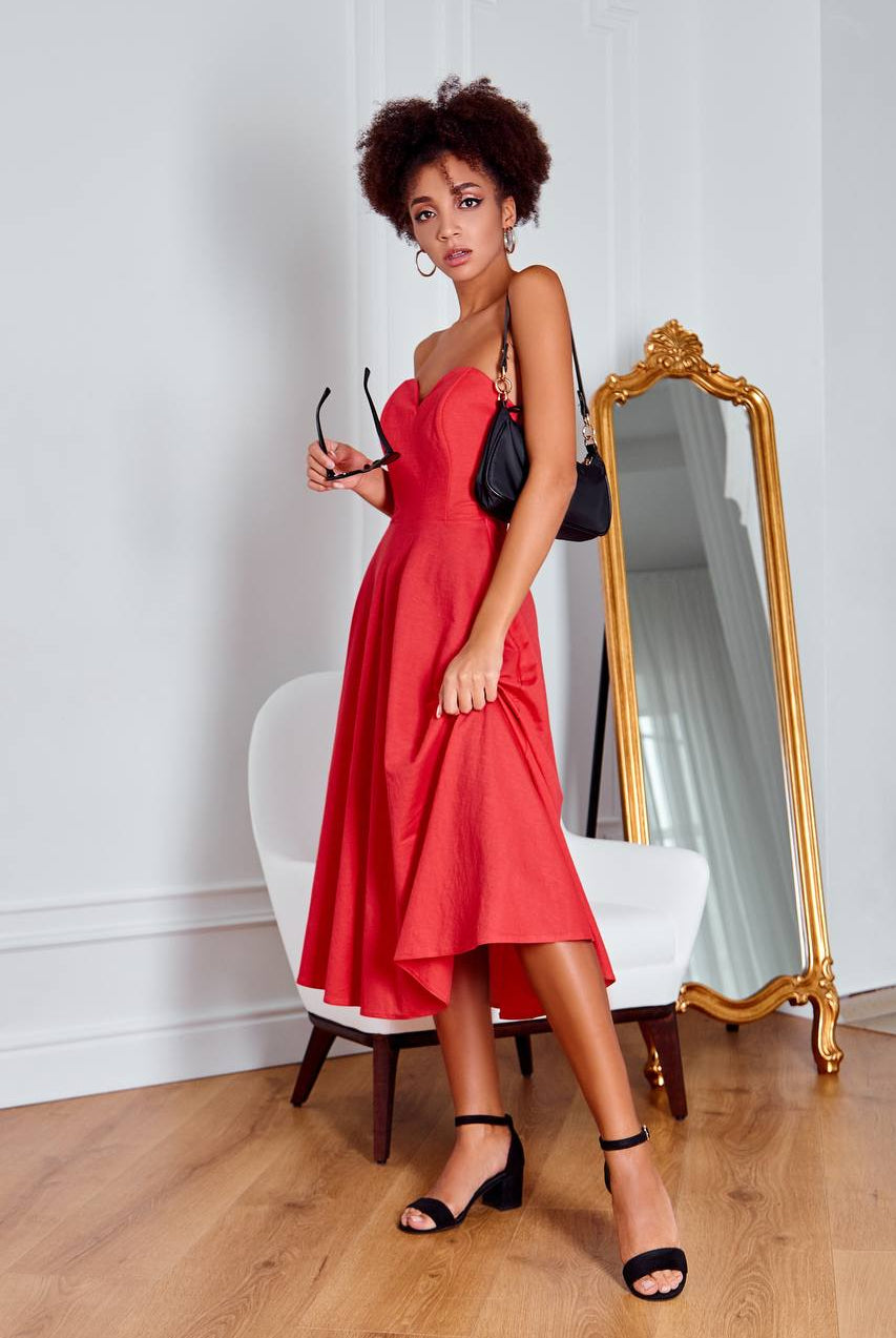 ELAGIA coral sleeveless corseted midi dress side angle - purple business suit women inspired design