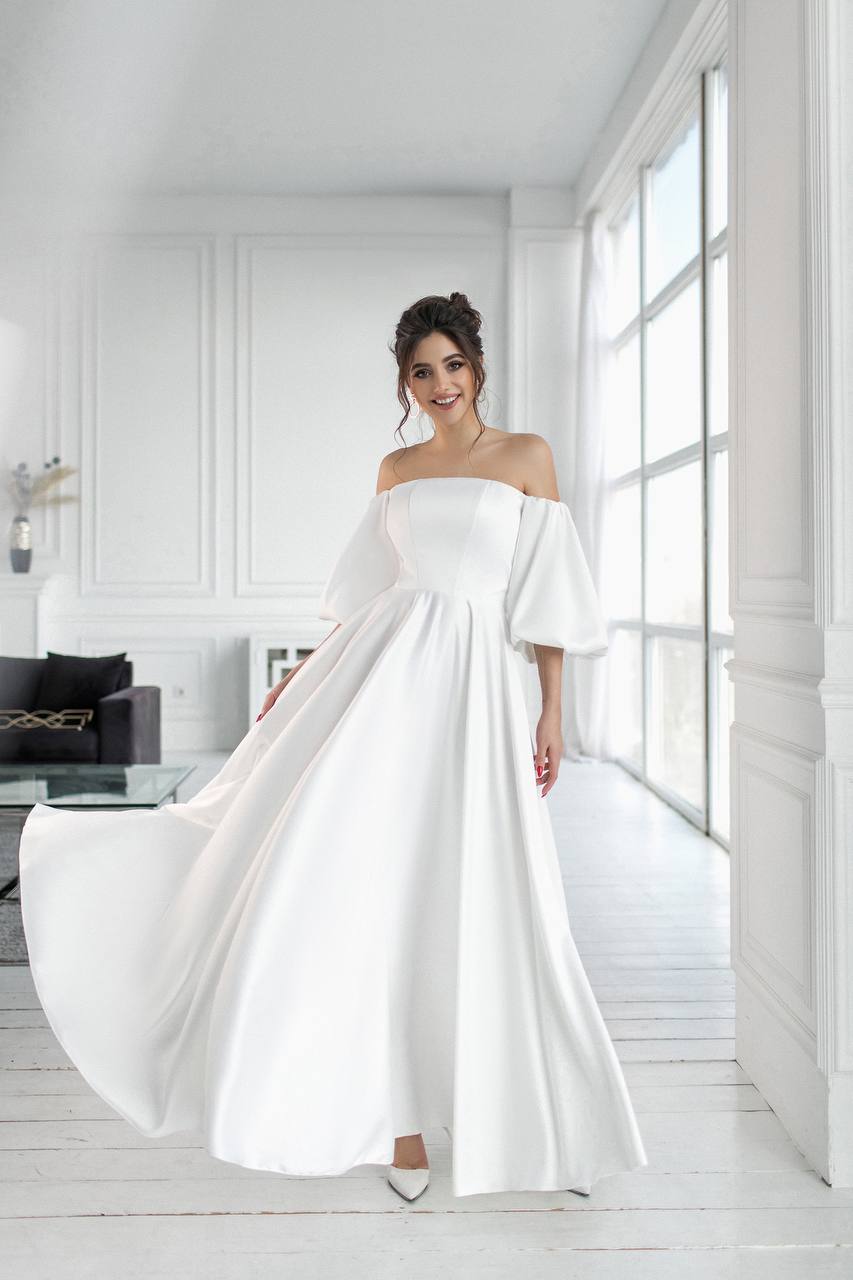 White Satin Puff-Sleeve Bridal Maxi Dress