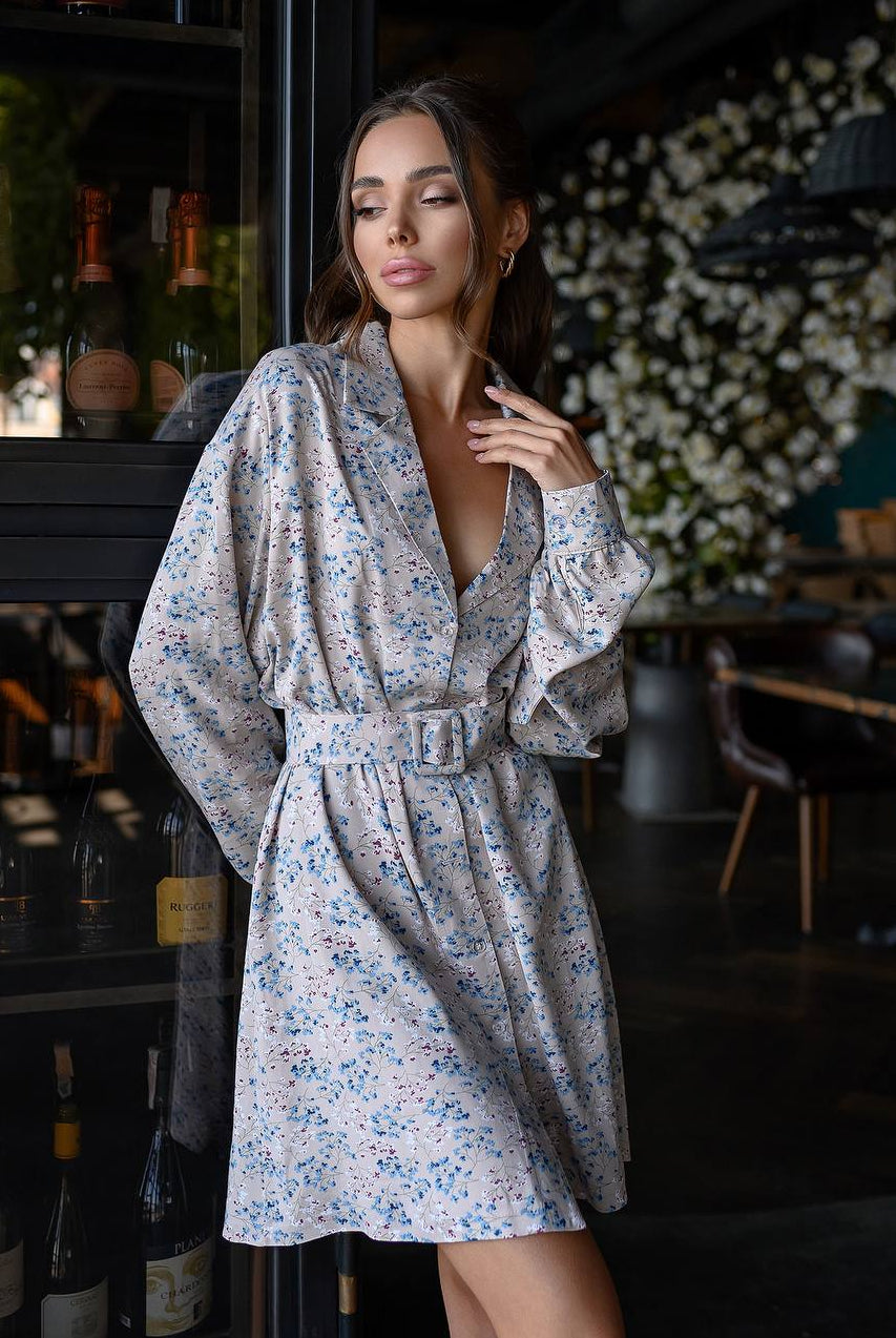 ELAGIA floral-print belted mini dress styled outfit view featuring purple business suit women aesthetic