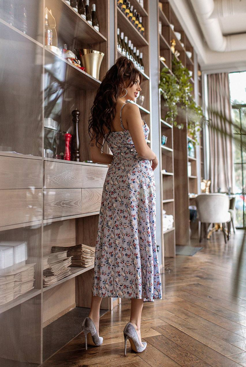 ELAGIA Blue Floral-Print Midi Dress back view - purple business suit women inspired design with floral pattern