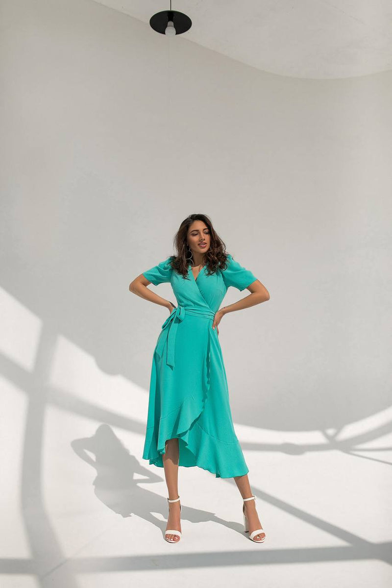 green wrap dress short sleeve Green Wrap Short Sleeve Midi Dress