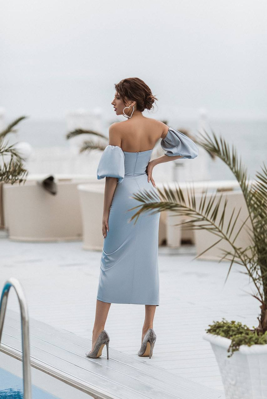 ELAGIA grey-blue satin puff-sleeve midi dress front view - 3 piece women's suit purple business suit women style