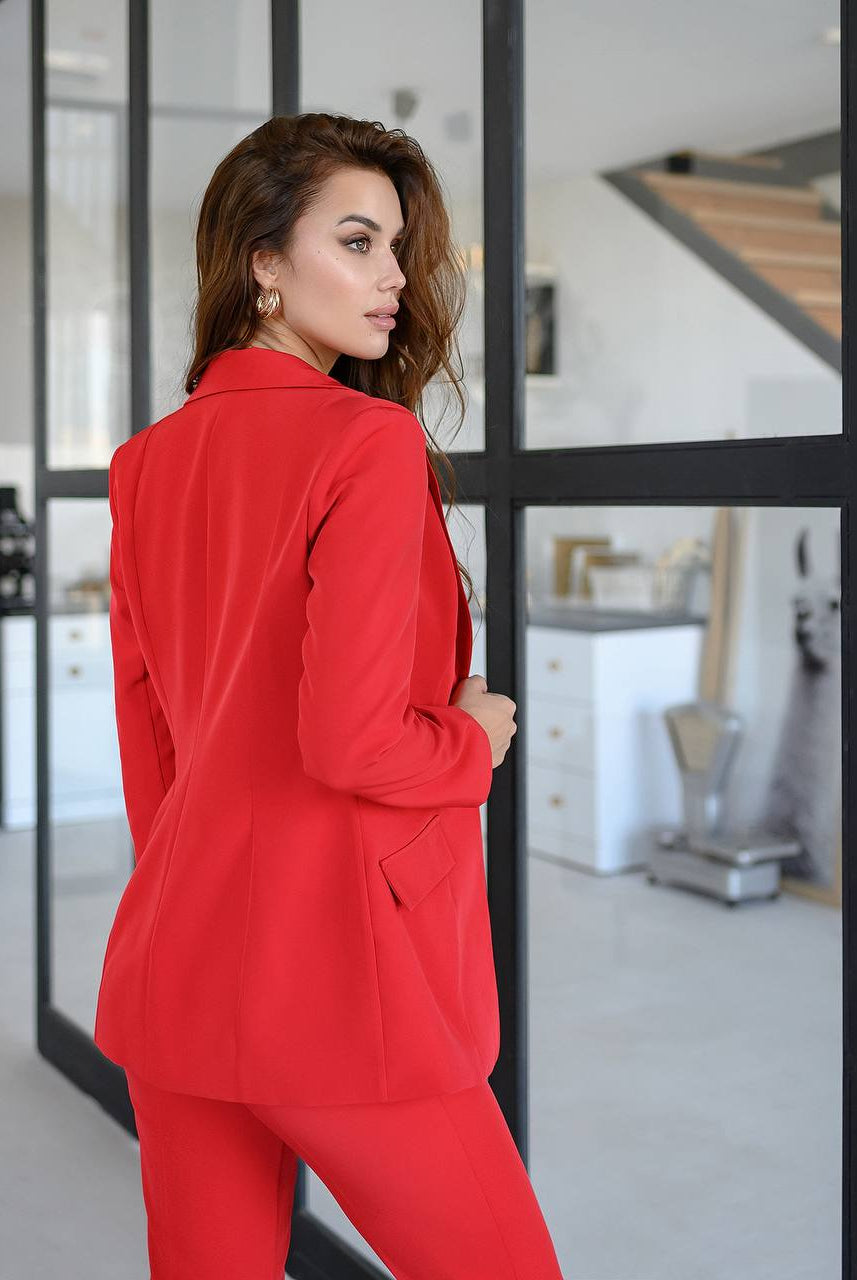 ELAGIA red suit jacket interior lining and construction details with matching trouser waistband