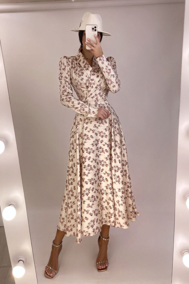 Beige Floral-Print Wrap Midi Dress | ELAGIA