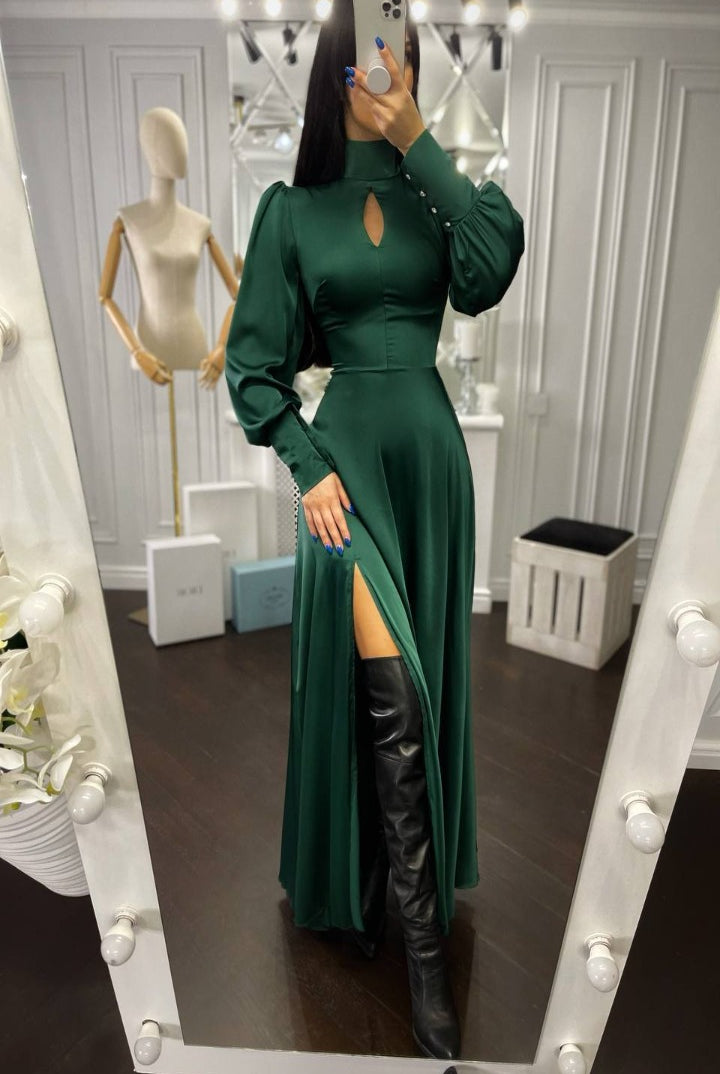 ELAGIA Emerald Puff-Sleeve Turtleneck Maxi Dress detail shot - purple business suit women inspired sleeve design