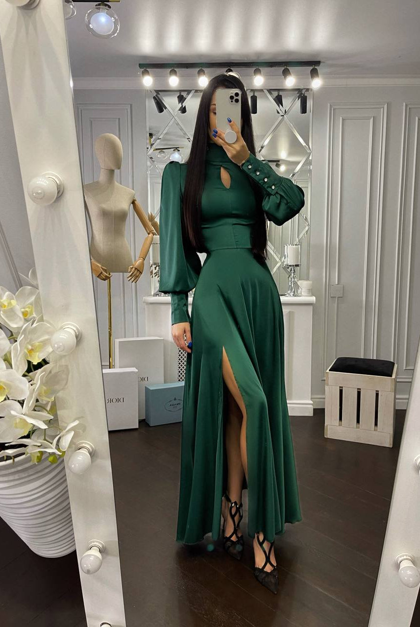 ELAGIA Emerald Puff-Sleeve Turtleneck Maxi Dress styled look - 3 piece women's suit alternative formal wear