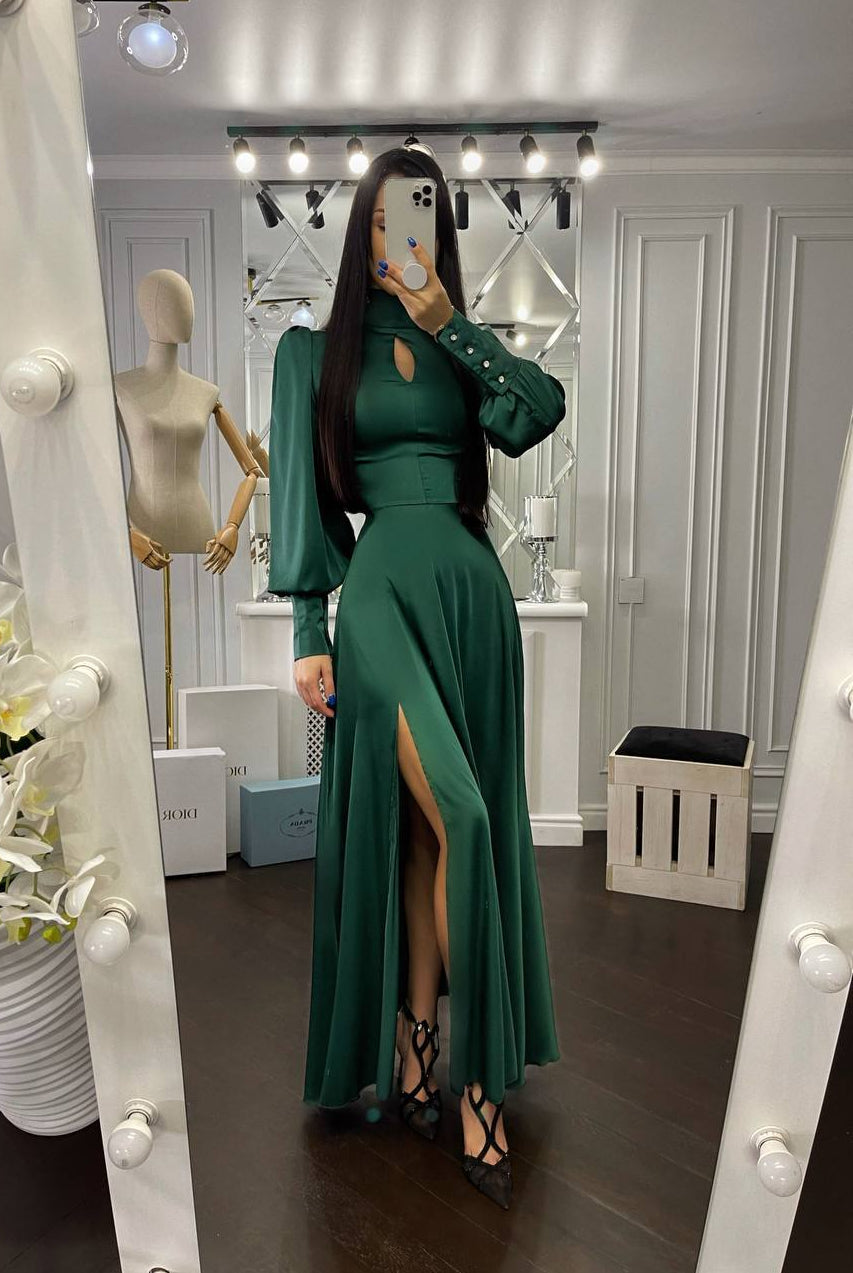 ELAGIA Emerald Puff-Sleeve Turtleneck Maxi Dress back view - purple business suit women inspired formal dress