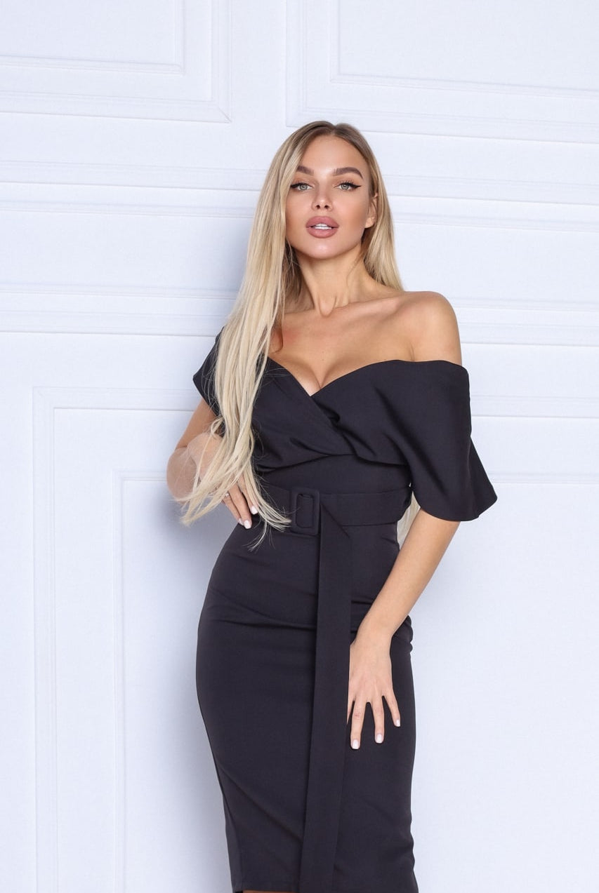 ELAGIA black off-the-shoulder mini dress close-up texture detail with 3 piece women's suit elements