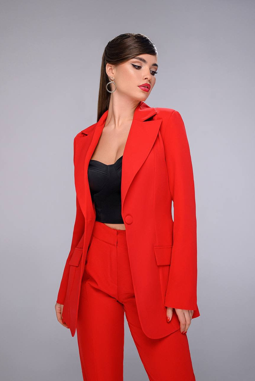 ELAGIA red blazer detail shot highlighting lapels and button closure - 3 piece women's suit alternative styling