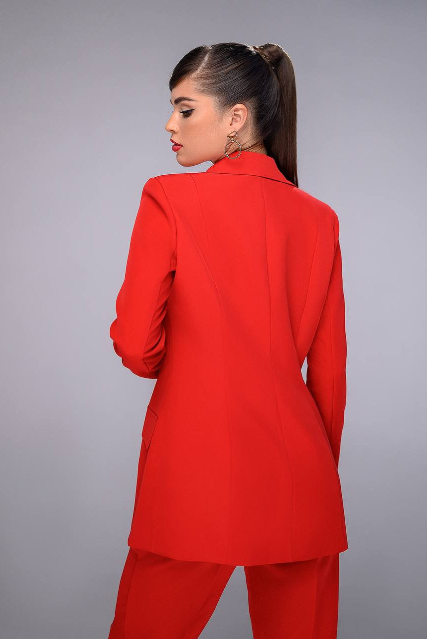 ELAGIA red suit trousers close-up showing straight leg cut and waistband - women's formal business attire