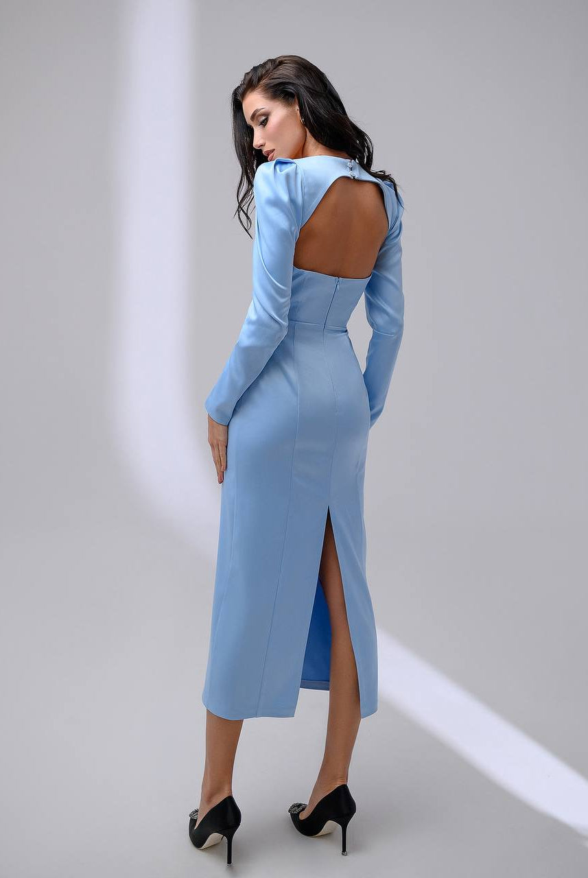 ELAGIA sky-blue square neck midi dress styled with accessories - purple business suit women look