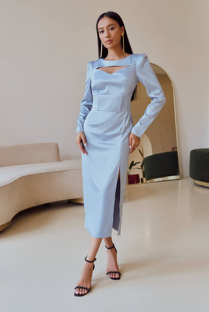 Sky-Blue Satin Long Sleeve Midi Dress