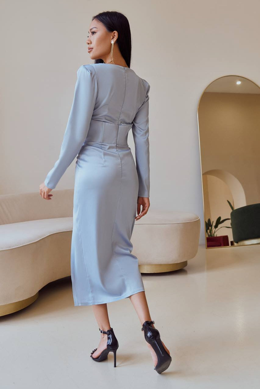 Sky-Blue Satin Long Sleeve Midi Dress